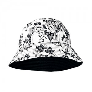 Bucket Hat - Cotton Canvas w/ Flower Print - Black